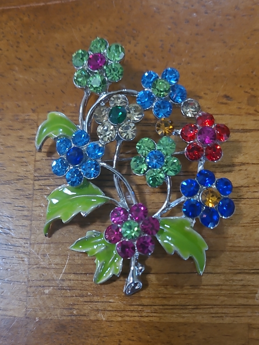 Rhinestone Multi Color Flower Bouquet Brooch with Enamel Leaves